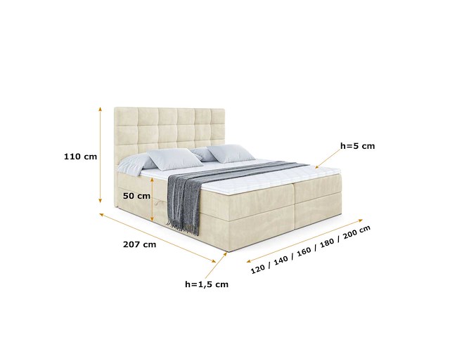 Box spring bed 140x200 - matras - matras topper - borst - beige fluweel - afbeelding 6 van  8