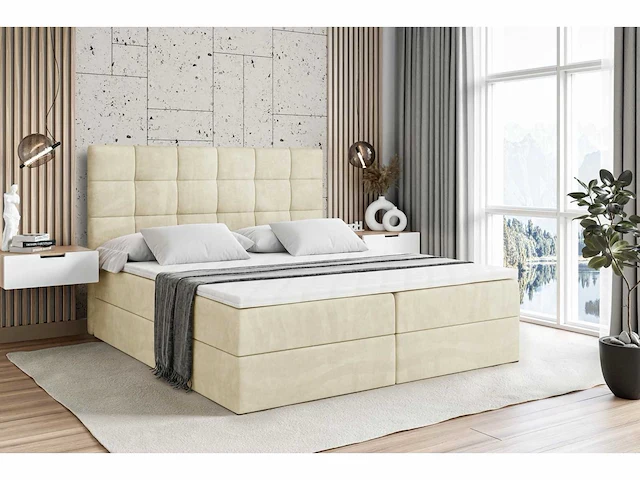 Box spring bed 140x200 - matras - matras topper - borst - beige fluweel - afbeelding 8 van  8