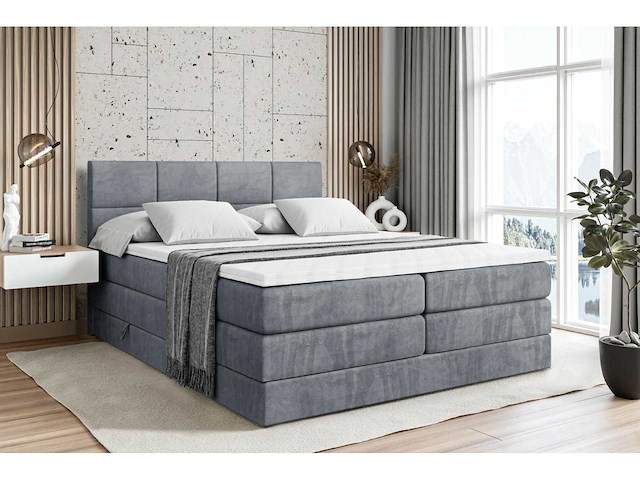 Box spring bed 140x200 - matras - matras topper - borst - grijs fluweel - afbeelding 2 van  11