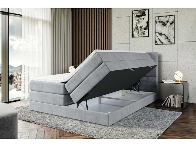 Box spring bed 140x200 - matras - matras topper - borst - grijs fluweel - afbeelding 6 van  11
