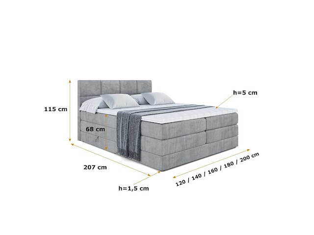 Box spring bed 140x200 - matras - matras topper - borst - grijs fluweel - afbeelding 7 van  11