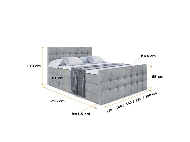 Box spring bed 140x200 - matras - matras topper - borst - grijs fluweel - afbeelding 7 van  9