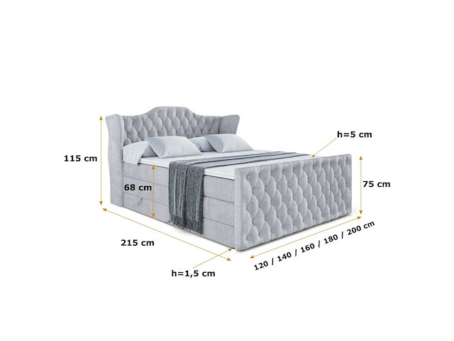Box spring bed 140x200 - matras - matras topper - borst - lichtgrijs fluweel - afbeelding 2 van  3