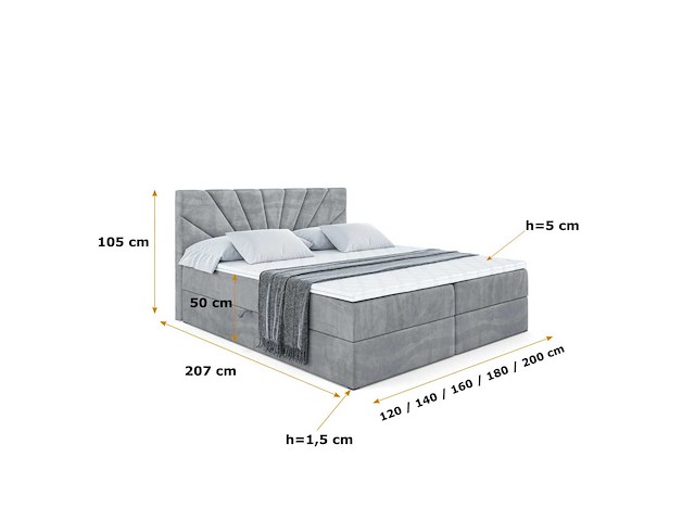 Box spring bed 140x200 cm - borst - matras - matras topper - grijs fluweel - afbeelding 6 van  7