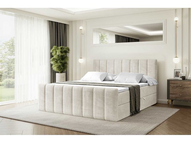 Box spring bed 160x200 - matras - borst - beige fluweel - afbeelding 7 van  12