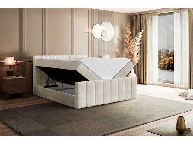 Box spring bed 160x200 - matras - borst - beige fluweel - afbeelding 10 van  12
