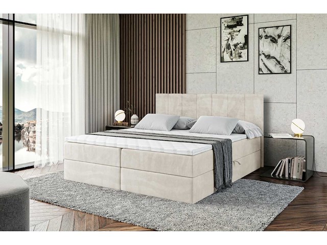 Box spring bed 160x200 - matras - matras topper - borst - beige fluweel - afbeelding 7 van  11