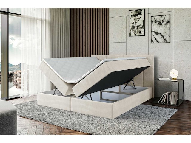 Box spring bed 160x200 - matras - matras topper - borst - beige fluweel - afbeelding 8 van  11