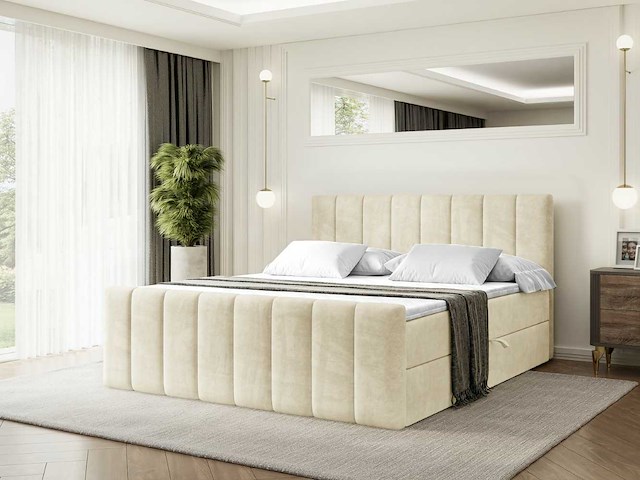 Box spring bed 160x200 - matras - matras topper - borst - beige fluweel - afbeelding 1 van  13