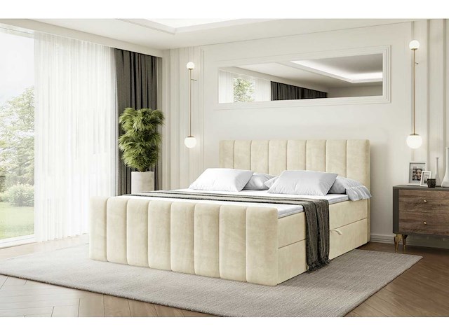 Box spring bed 160x200 - matras - matras topper - borst - beige fluweel - afbeelding 2 van  13