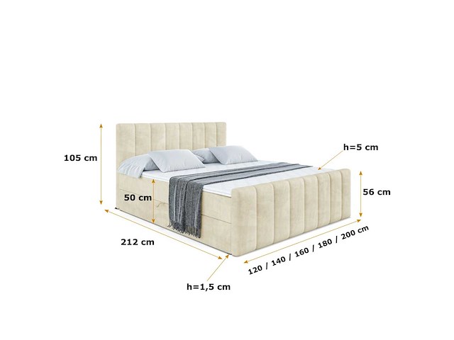 Box spring bed 160x200 - matras - matras topper - borst - beige fluweel - afbeelding 7 van  13
