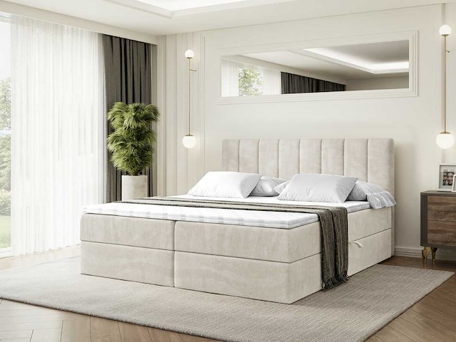 Box spring bed 160x200 - matras - matras topper - borst - beige fluweel - afbeelding 1 van  9