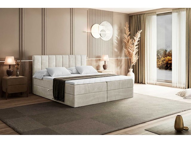 Box spring bed 160x200 - matras - matras topper - borst - beige fluweel - afbeelding 5 van  9