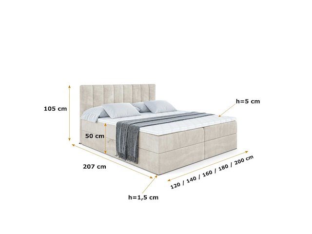 Box spring bed 160x200 - matras - matras topper - borst - beige fluweel - afbeelding 7 van  9