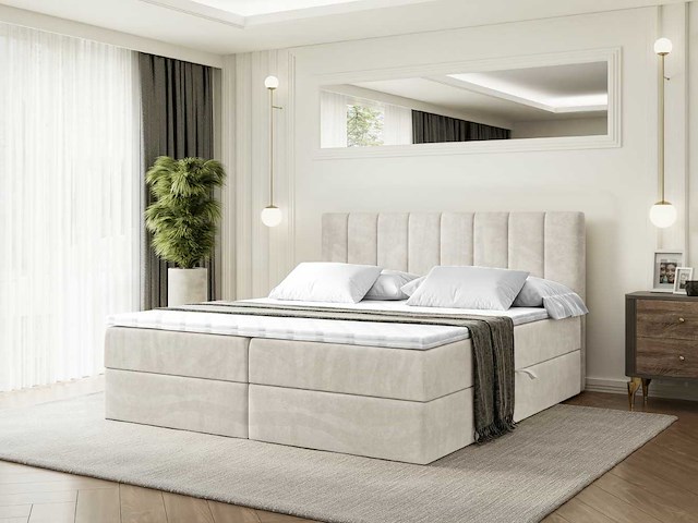 Box spring bed 160x200 - matras - matras topper - borst - beige fluweel - afbeelding 1 van  11