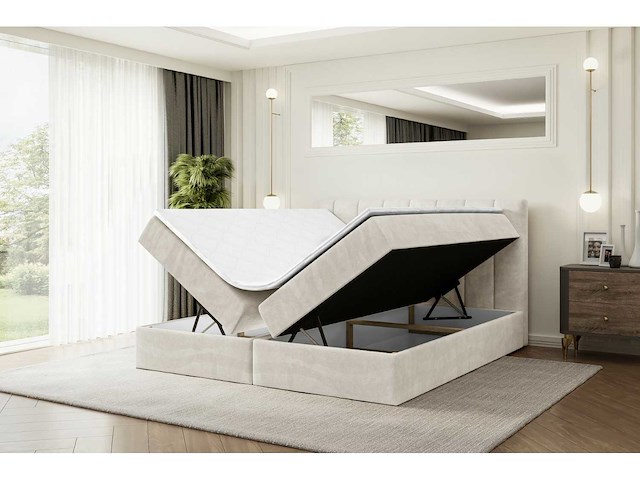 Box spring bed 160x200 - matras - matras topper - borst - beige fluweel - afbeelding 4 van  11