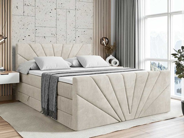 Box spring bed 160x200 - matras - matras topper - borst - beige fluweel - afbeelding 1 van  9