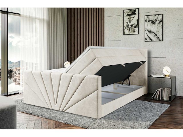 Box spring bed 160x200 - matras - matras topper - borst - beige fluweel - afbeelding 7 van  9