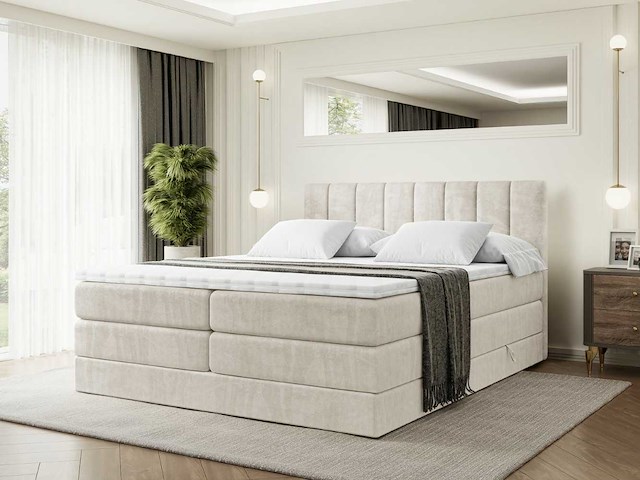 Box spring bed 160x200 - matras - matras topper - borst - beige fluweel - afbeelding 1 van  10