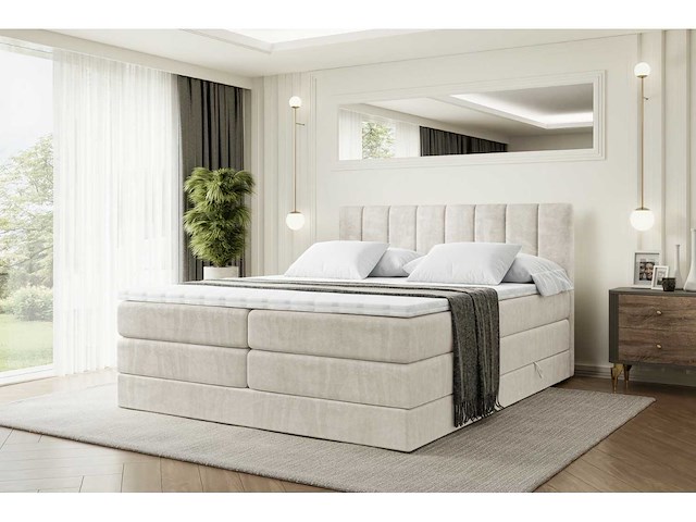 Box spring bed 160x200 - matras - matras topper - borst - beige fluweel - afbeelding 5 van  10