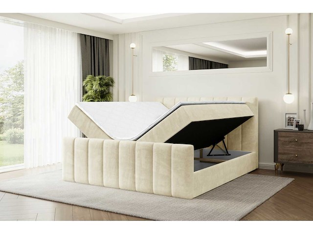 Box spring bed 160x200 - matras - matras topper - borst - beige fluweel - afbeelding 8 van  13