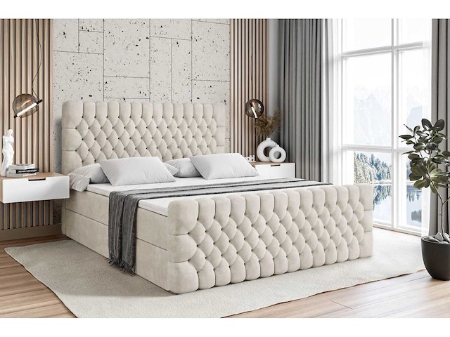 Box spring bed 160x200 - matras - matras topper - borst - beige fluweel - afbeelding 2 van  6