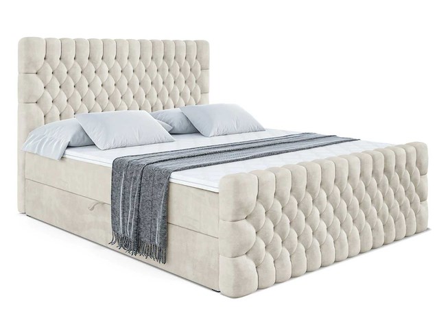 Box spring bed 160x200 - matras - matras topper - borst - beige fluweel - afbeelding 3 van  6