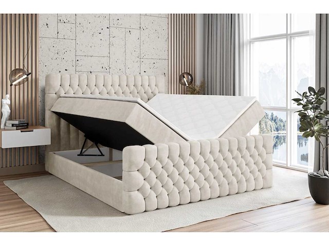 Box spring bed 160x200 - matras - matras topper - borst - beige fluweel - afbeelding 4 van  6