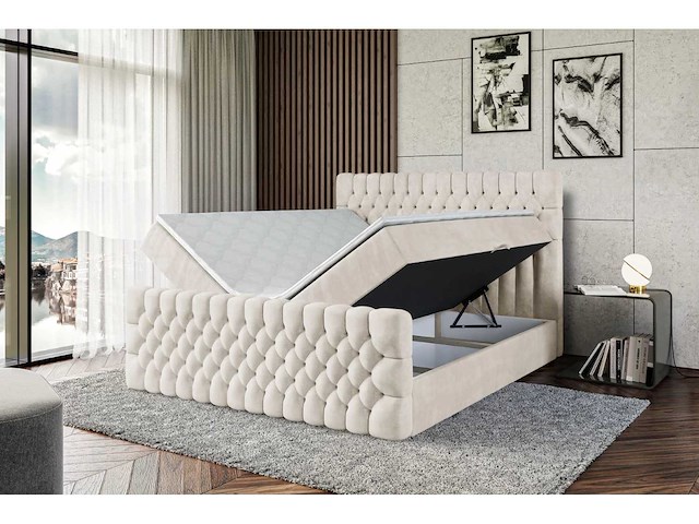 Box spring bed 160x200 - matras - matras topper - borst - beige fluweel - afbeelding 6 van  6