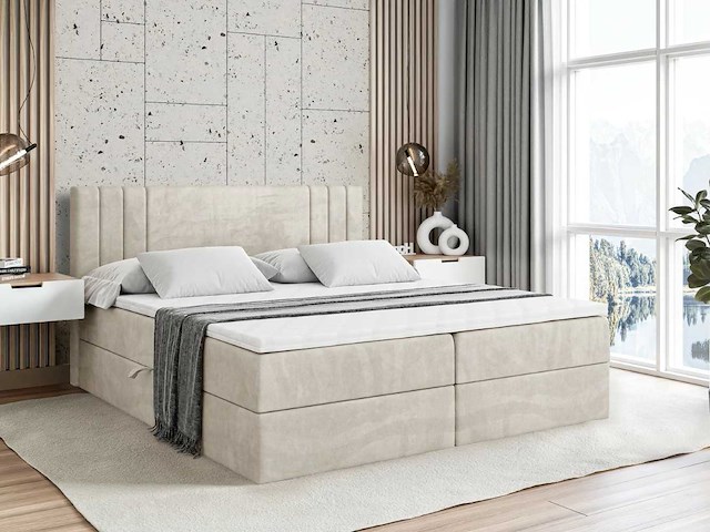Box spring bed 160x200 - matras - matras topper - borst - beige fluweel - afbeelding 1 van  10