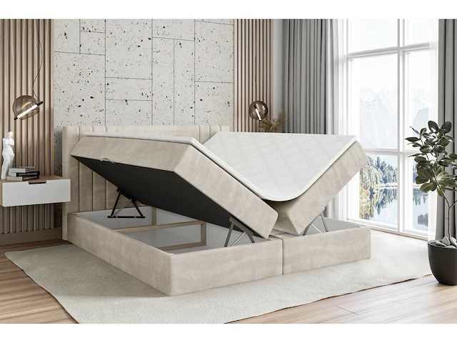Box spring bed 160x200 - matras - matras topper - borst - beige fluweel - afbeelding 5 van  10