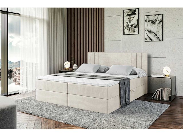 Box spring bed 160x200 - matras - matras topper - borst - beige fluweel - afbeelding 6 van  10