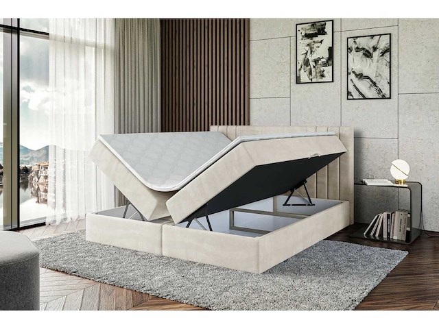 Box spring bed 160x200 - matras - matras topper - borst - beige fluweel - afbeelding 7 van  10