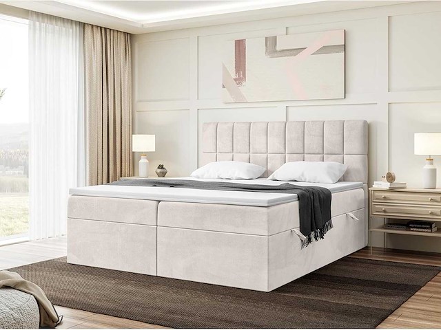 Box spring bed 160x200 - matras - matras topper - borst - beige stof - afbeelding 1 van  10