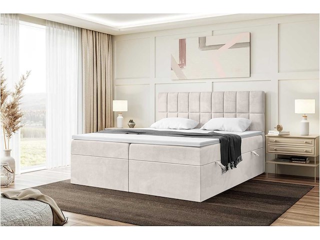 Box spring bed 160x200 - matras - matras topper - borst - beige stof - afbeelding 3 van  10