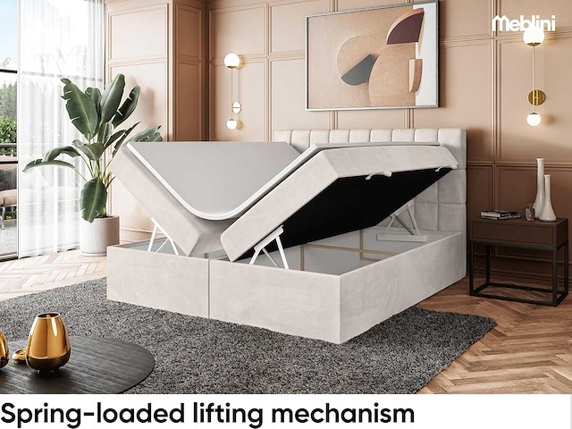 Box spring bed 160x200 - matras - matras topper - borst - beige stof - afbeelding 7 van  10