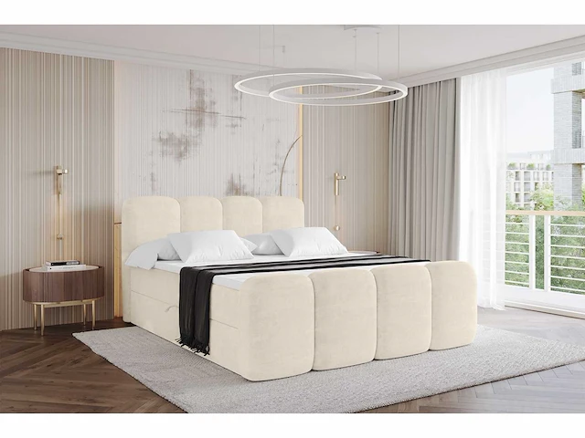 Box spring bed 160x200 cm - borst - matras - matras topper - beige fluweel - afbeelding 1 van  9