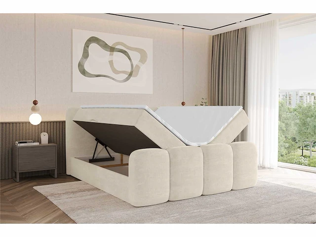 Box spring bed 160x200 cm - borst - matras - matras topper - beige fluweel - afbeelding 3 van  9