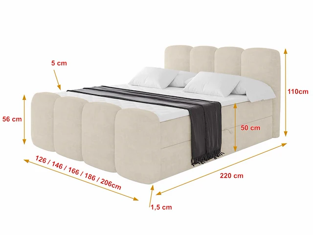 Box spring bed 160x200 cm - borst - matras - matras topper - beige fluweel - afbeelding 4 van  9