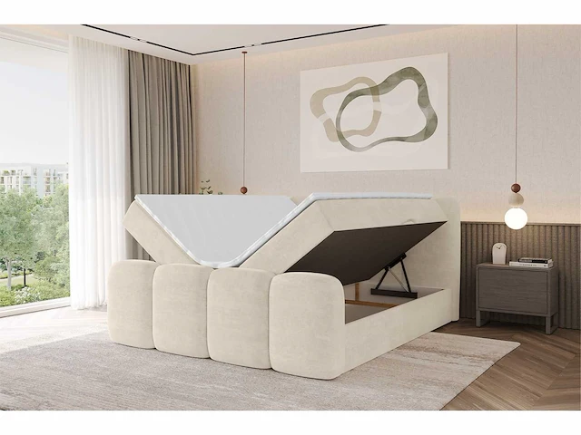 Box spring bed 160x200 cm - borst - matras - matras topper - beige fluweel - afbeelding 7 van  9