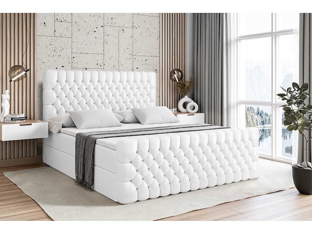 Box spring bed 160x200 cm - borst - matras - matras topper - witte pu - afbeelding 7 van  13