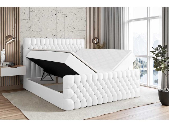 Box spring bed 160x200 cm - borst - matras - matras topper - witte pu - afbeelding 9 van  13
