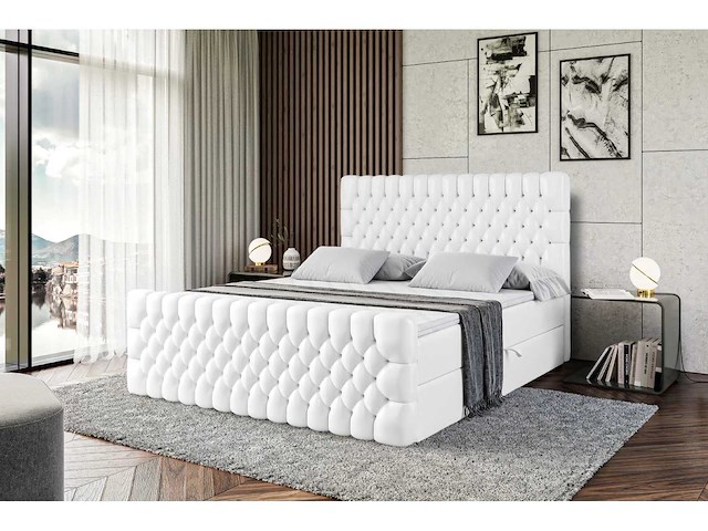 Box spring bed 160x200 cm - borst - matras - matras topper - witte pu - afbeelding 10 van  13