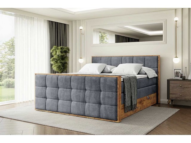 Box spring bed 180x200 - matras - matras topper - borst - donkergrijs fluweel en hout - afbeelding 3 van  5