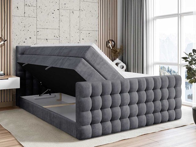 Box spring bed 180x200 - matras - matras topper - borst - donkergrijs fluweel - afbeelding 1 van  13