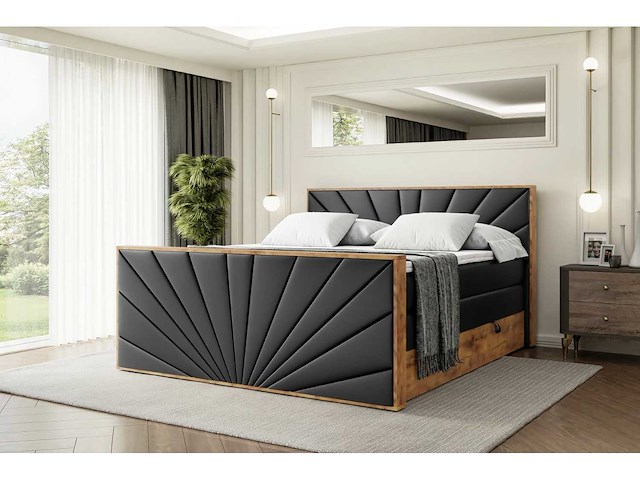 Box spring bed 180x200 - matras - matras topper - borst - pu zwart en hout - afbeelding 3 van  7
