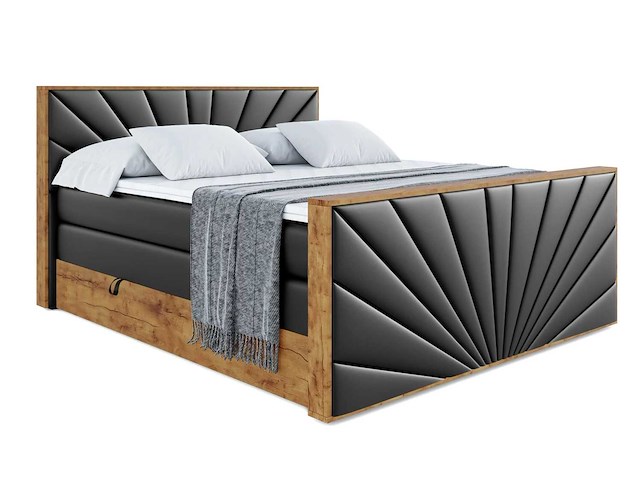 Box spring bed 180x200 - matras - matras topper - borst - pu zwart en hout - afbeelding 4 van  7
