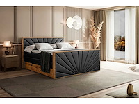 Box spring bed 180x200 - matras - matras topper - borst - pu zwart en hout - afbeelding 6 van  7