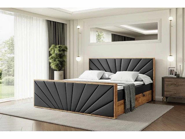 Box spring bed 180x200 - matras - matras topper - borst - pu zwart en hout - afbeelding 1 van  12