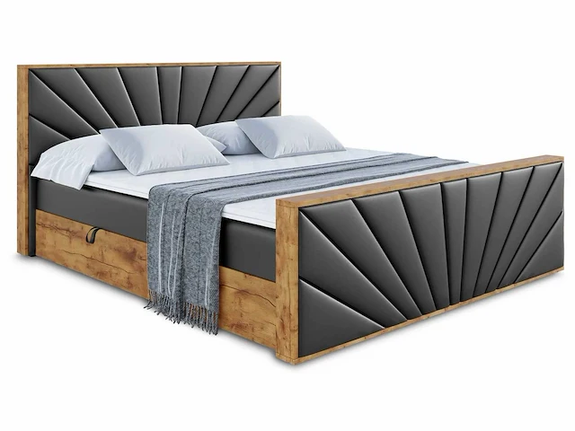 Box spring bed 180x200 - matras - matras topper - borst - pu zwart en hout - afbeelding 5 van  12